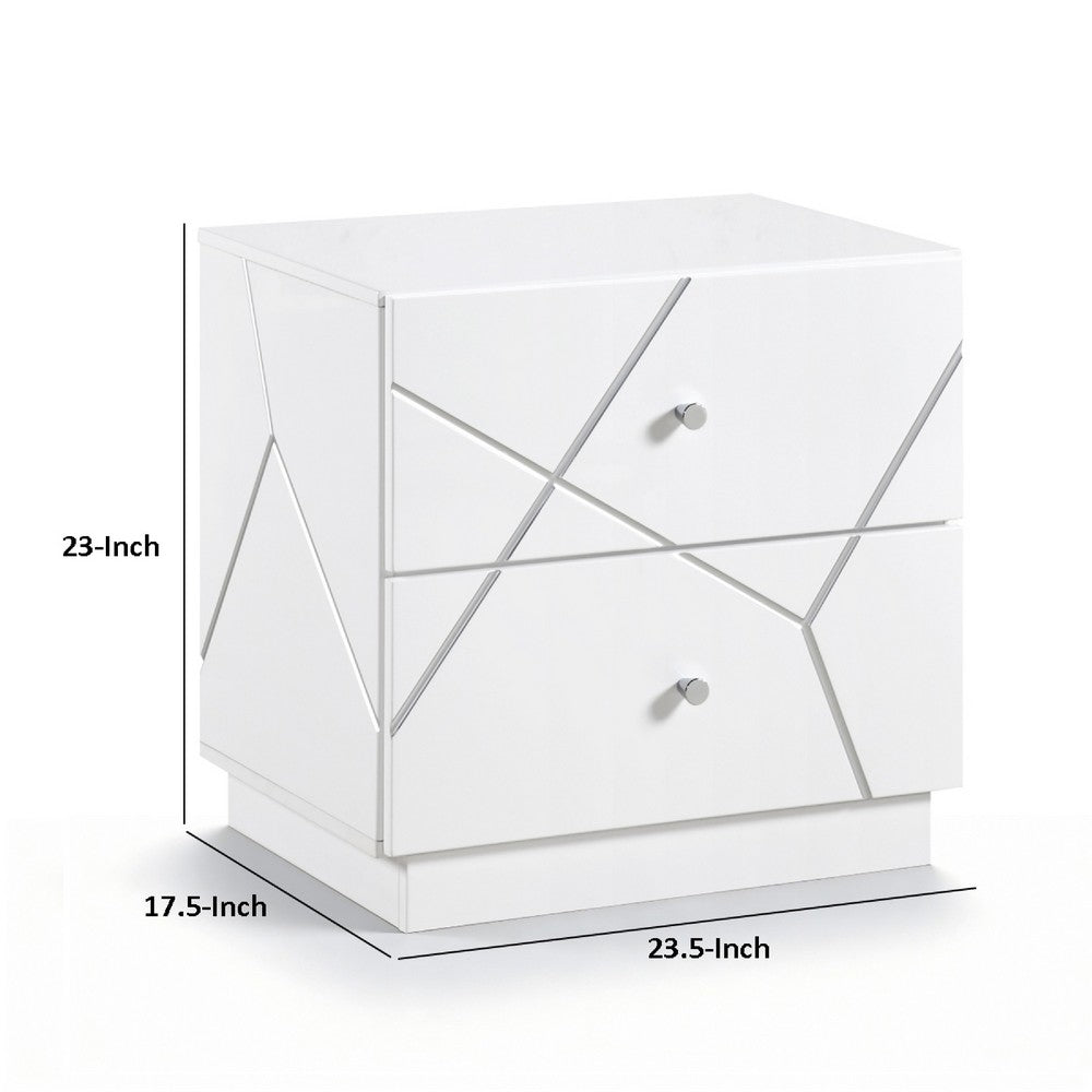 Oly Nighstand | 2 Drawers | Geometric Design | Chrome Knobs | Glossy White