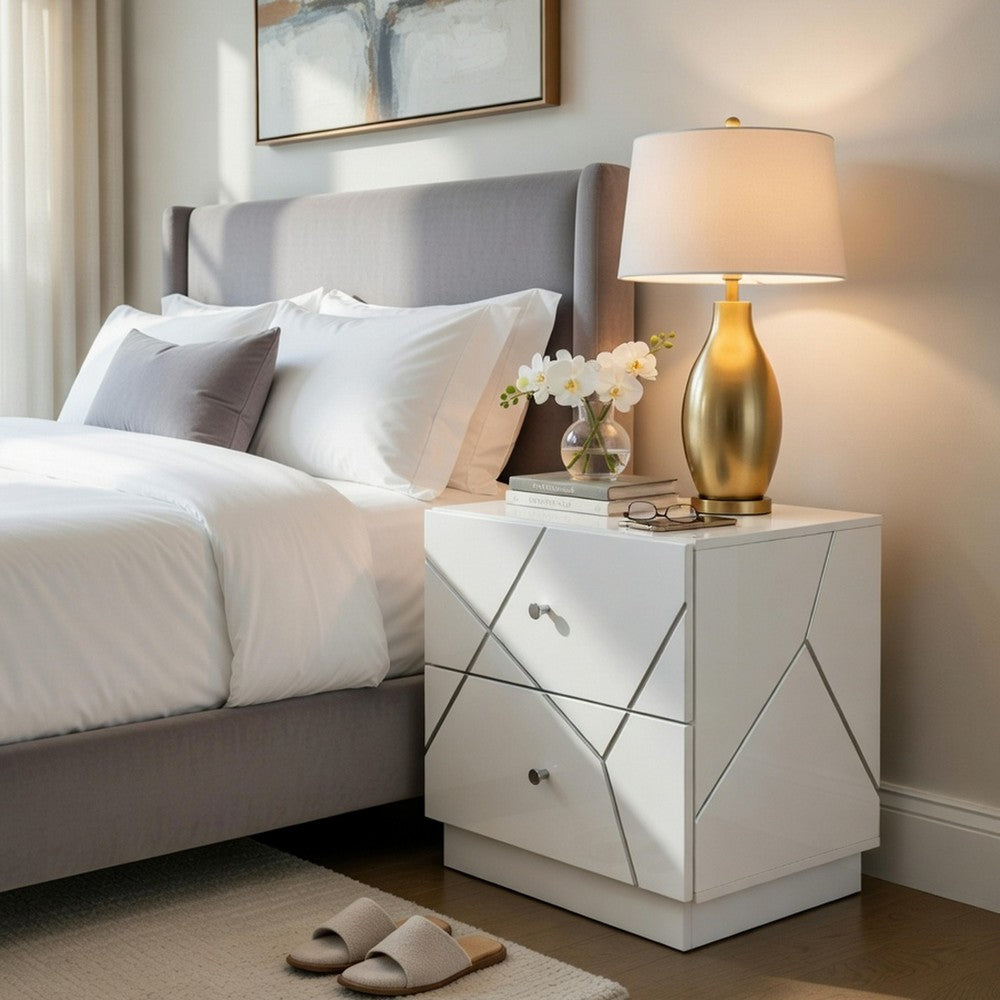 Oly Nighstand | 2 Drawers | Geometric Design | Chrome Knobs | Glossy White
