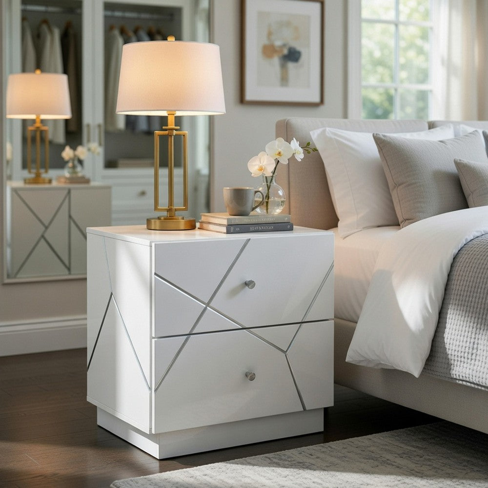 Oly Nighstand | 2 Drawers | Geometric Design | Chrome Knobs | Glossy White
