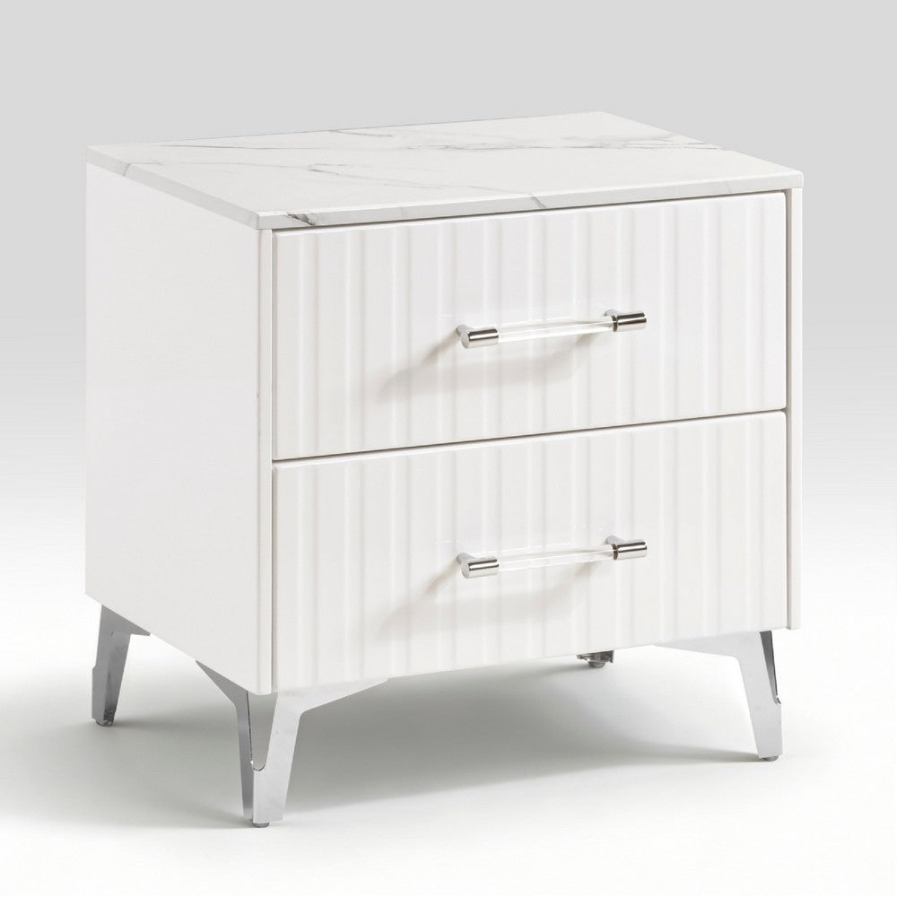 Cyna Nighstand | Faux Marble Top | 2 Drawers | Textured Front | Glossy White
