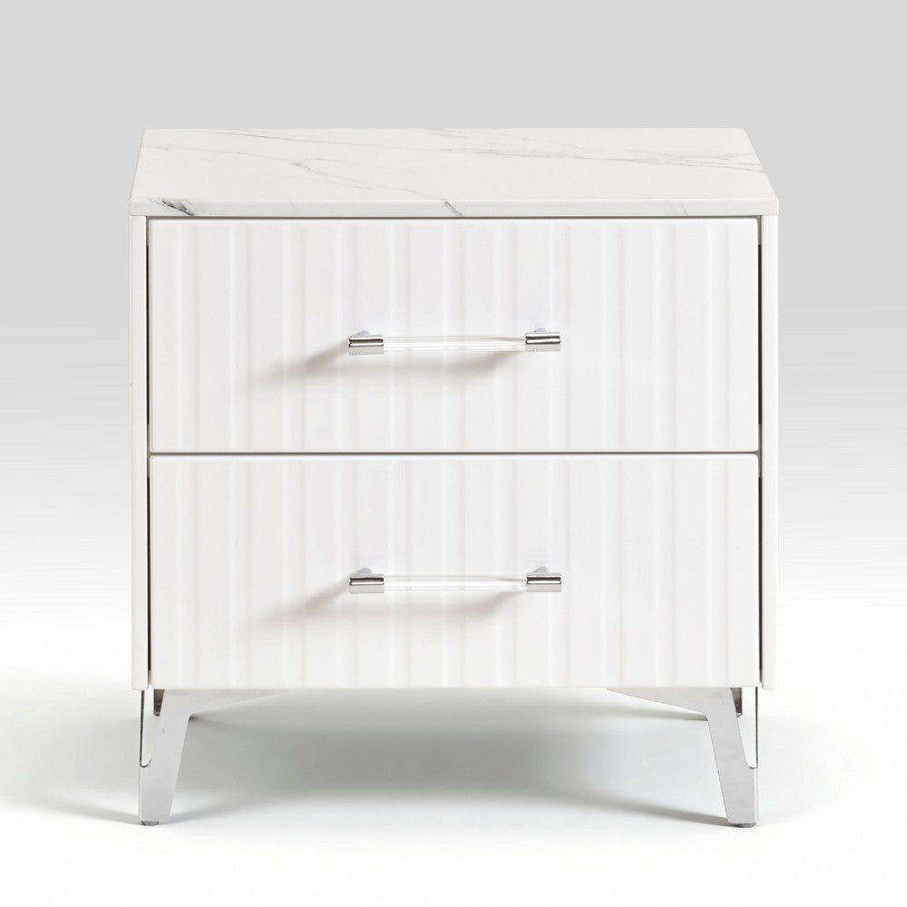 Cyna Nighstand | Faux Marble Top | 2 Drawers | Textured Front | Glossy White
