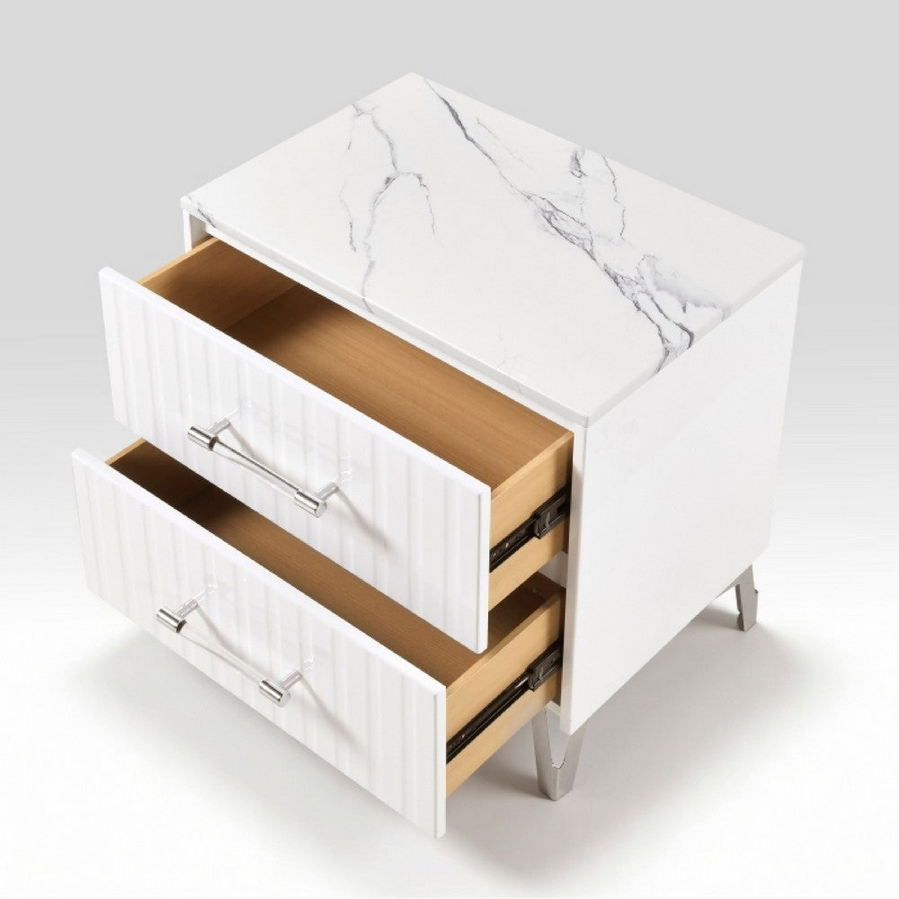 Cyna Nighstand | Faux Marble Top | 2 Drawers | Textured Front | Glossy White