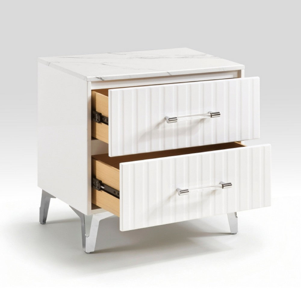 Cyna Nighstand | Faux Marble Top | 2 Drawers | Textured Front | Glossy White