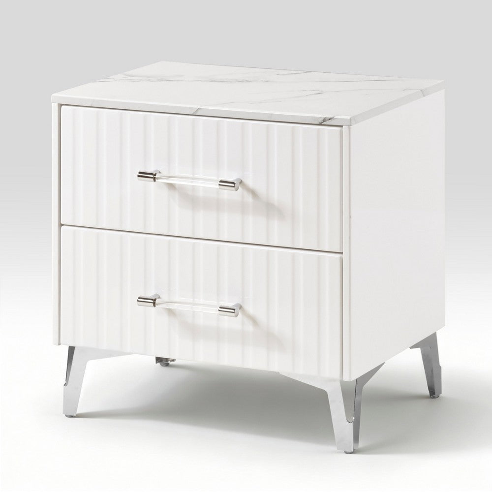 Cyna Nighstand | Faux Marble Top | 2 Drawers | Textured Front | Glossy White