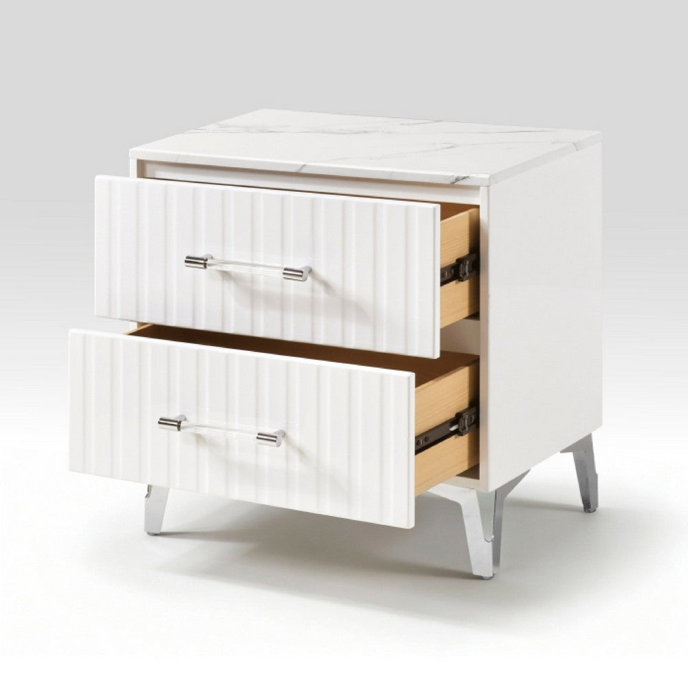 Cyna Nighstand | Faux Marble Top | 2 Drawers | Textured Front | Glossy White
