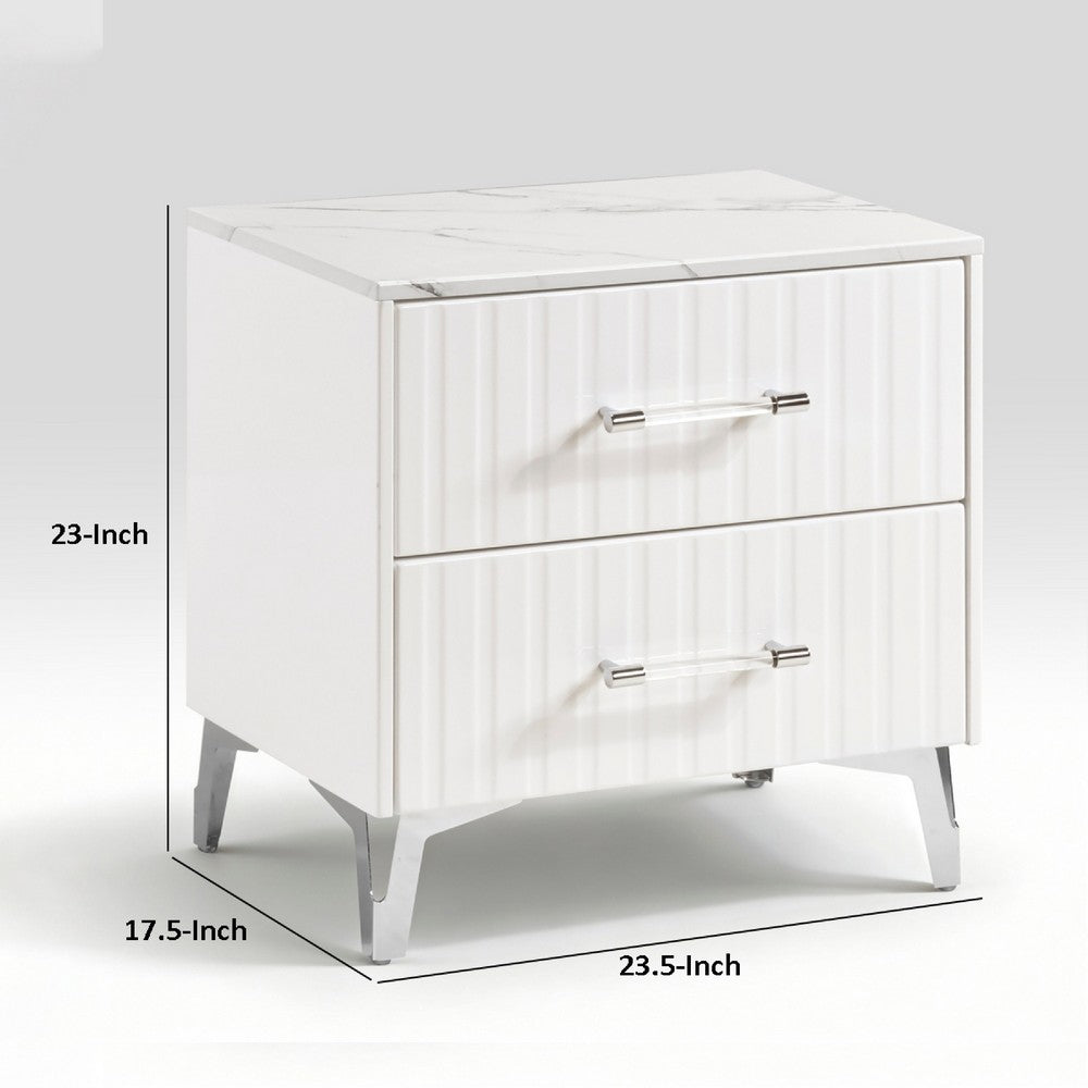 Cyna Nighstand | Faux Marble Top | 2 Drawers | Textured Front | Glossy White