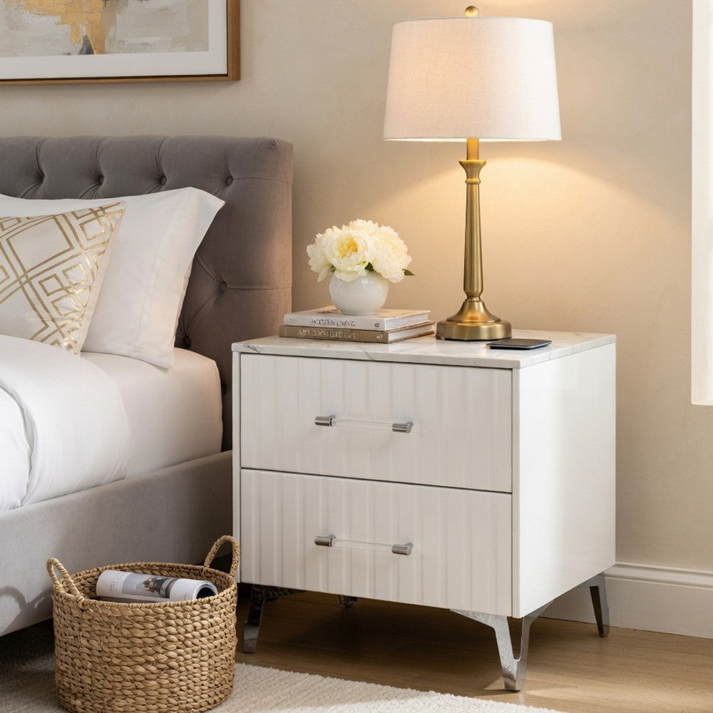 Cyna Nighstand | Faux Marble Top | 2 Drawers | Textured Front | Glossy White
