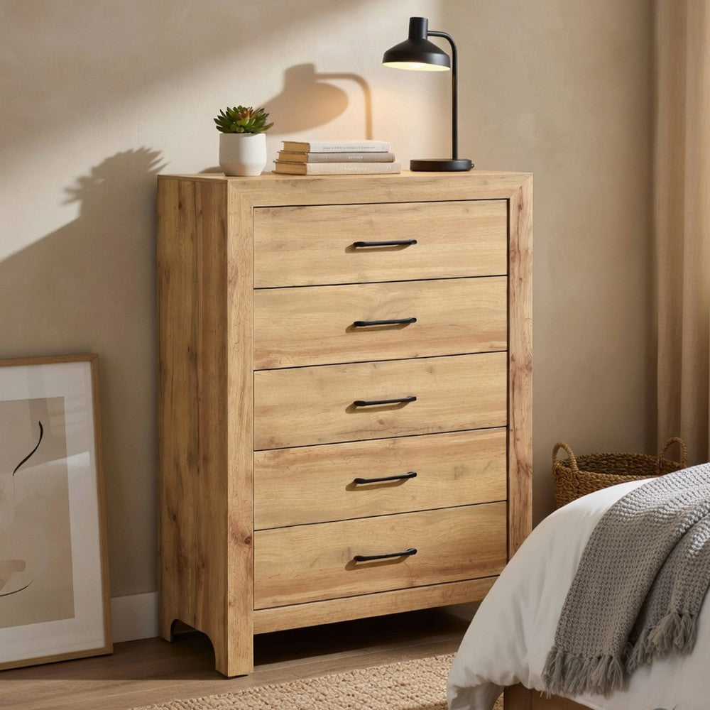 Eby  Tall Dresser Chest | 5 Drawers | Black Nickel Handles | Natural Brown
