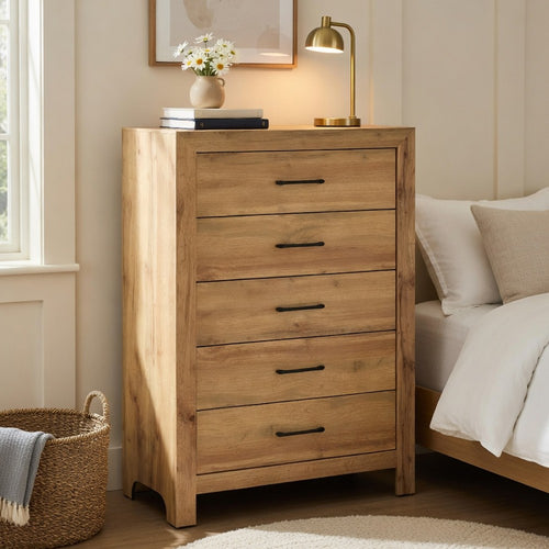 Eby  Tall Dresser Chest | 5 Drawers | Black Nickel Handles | Natural Brown