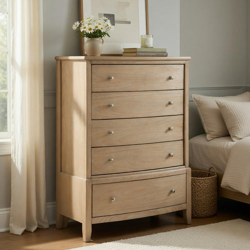 Hadly Tall Dresser Chest | 5 Drawers | Satin Nickel Knobs | Rustic Beige
