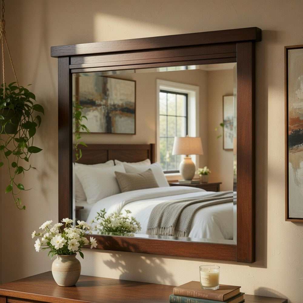 Daisy Vanity Dresser Mirror | Rustic Brown Mango Veneer Frame | 35 x 48
