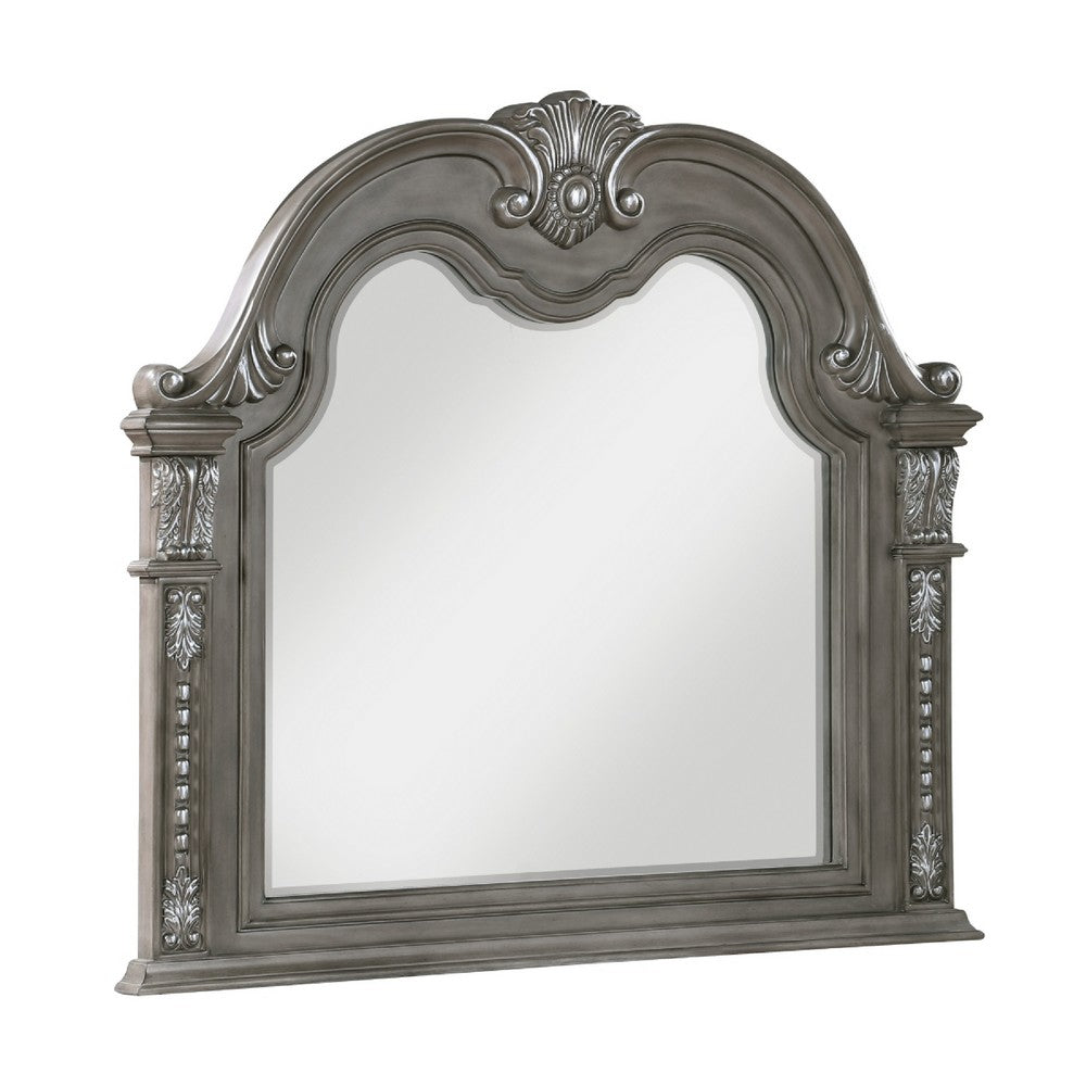 Toga Arch Dresser Mirror | Carved Frame | Silver Tipping | Gray Wood 50x52