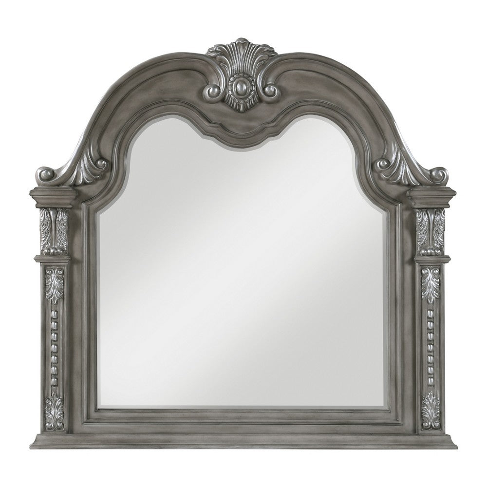 Toga Arch Dresser Mirror | Carved Frame | Silver Tipping | Gray Wood 50x52