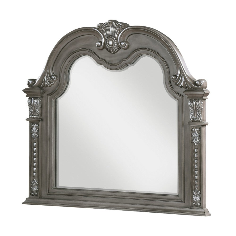 Toga Arch Dresser Mirror | Carved Frame | Silver Tipping | Gray Wood 50x52