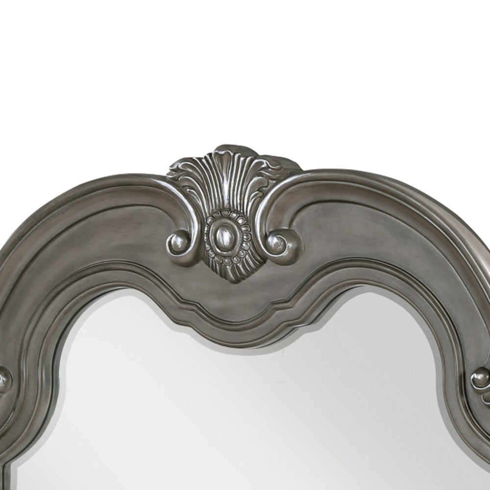 Toga Arch Dresser Mirror | Carved Frame | Silver Tipping | Gray Wood 50x52
