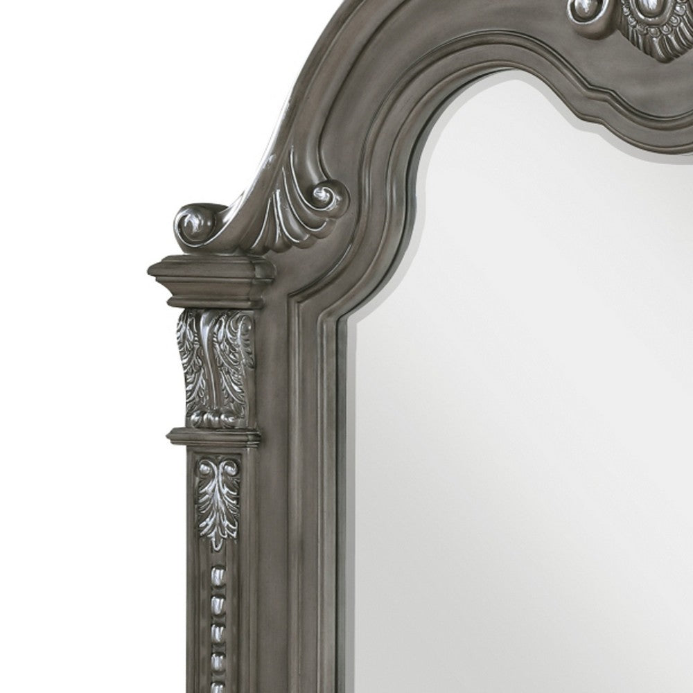Toga Arch Dresser Mirror | Carved Frame | Silver Tipping | Gray Wood 50x52