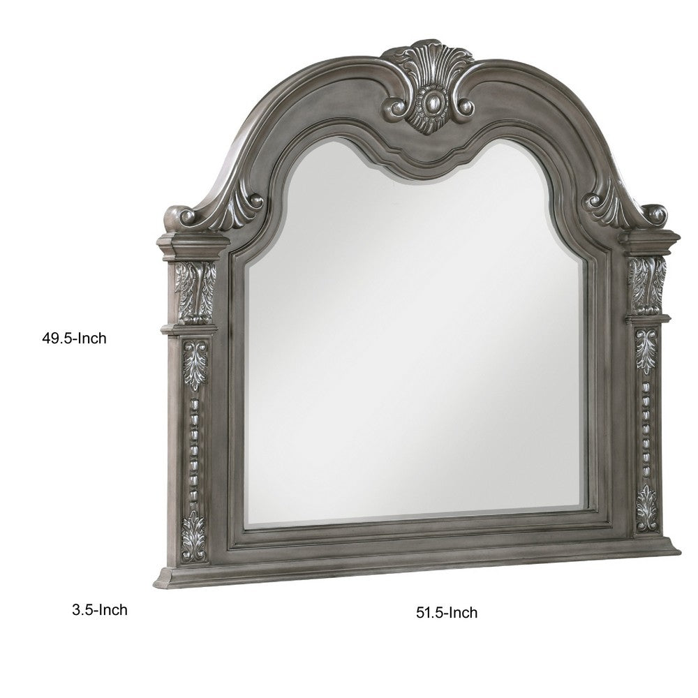 Toga Arch Dresser Mirror | Carved Frame | Silver Tipping | Gray Wood 50x52