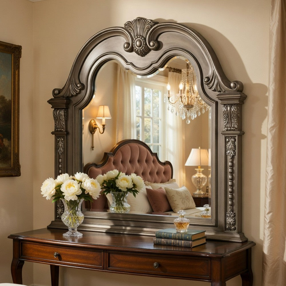 Toga Arch Dresser Mirror | Carved Frame | Silver Tipping | Gray Wood 50x52