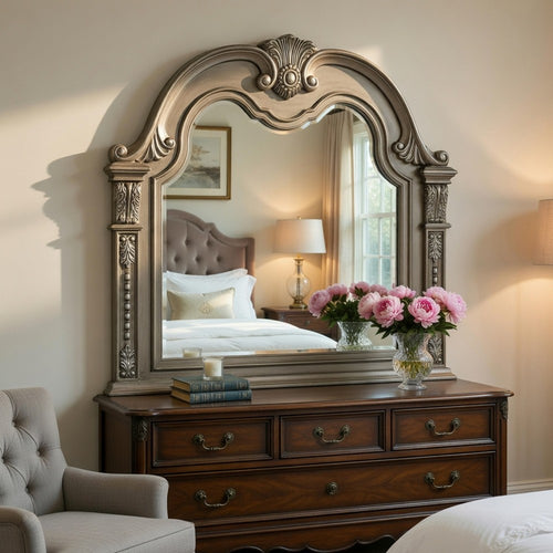 Toga Arch Dresser Mirror | Carved Frame | Silver Tipping | Gray Wood 50x52