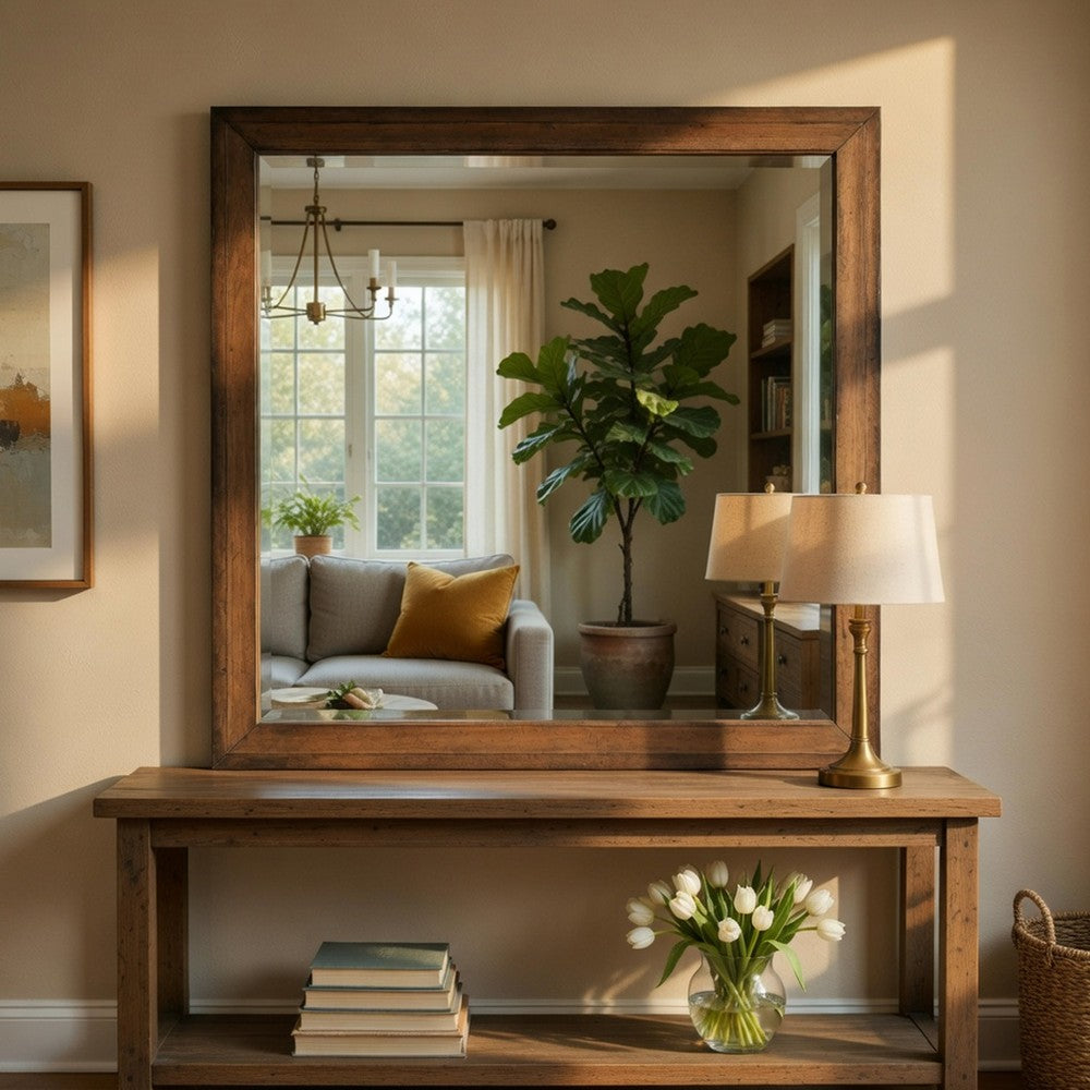 Reva Dressing Mirror | Framed Design | Light Brown Wood | 32x34 Rectangular