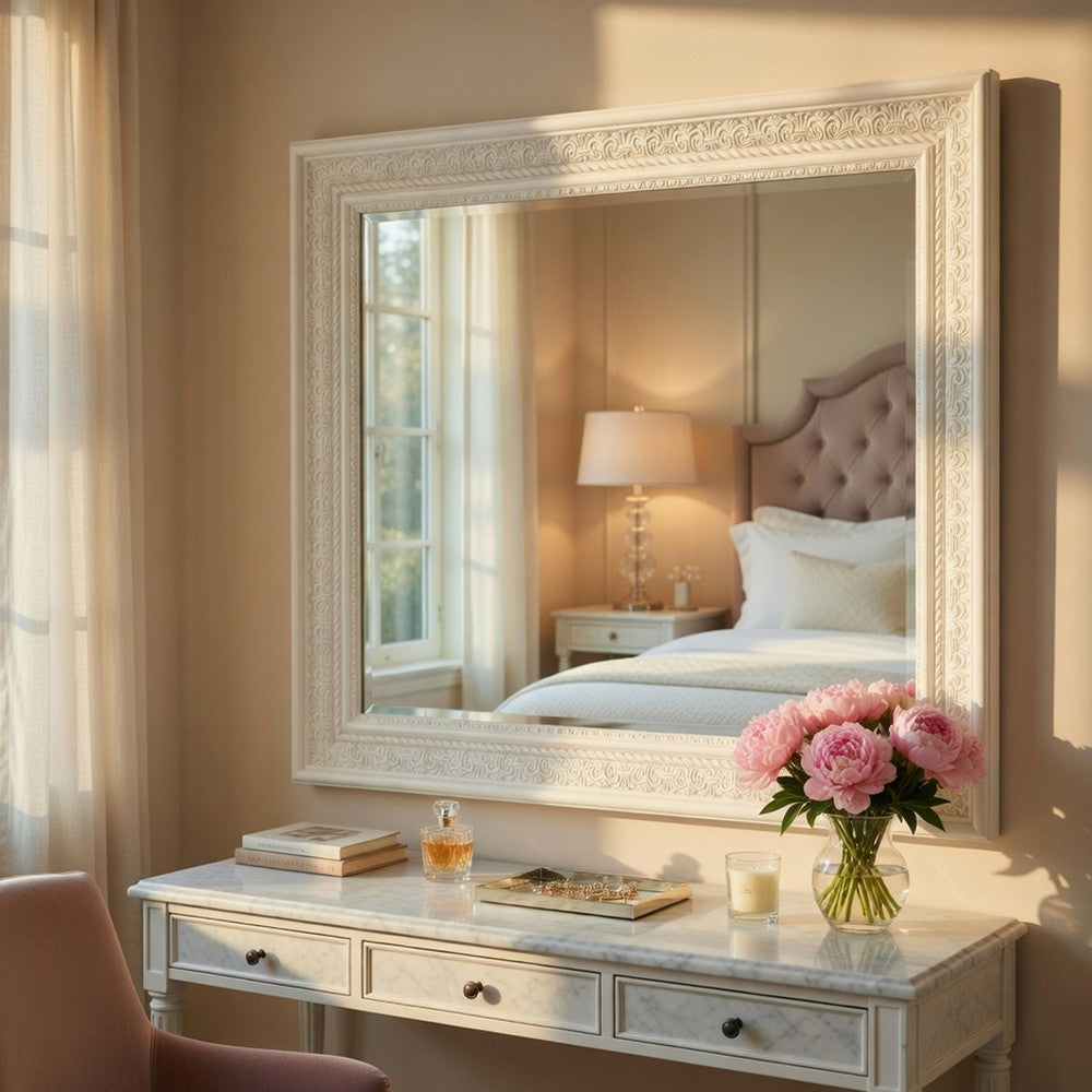 Rotu Dresser Mirror | Egg & Dart Molded Frame | Pearl White Wood | 40x46