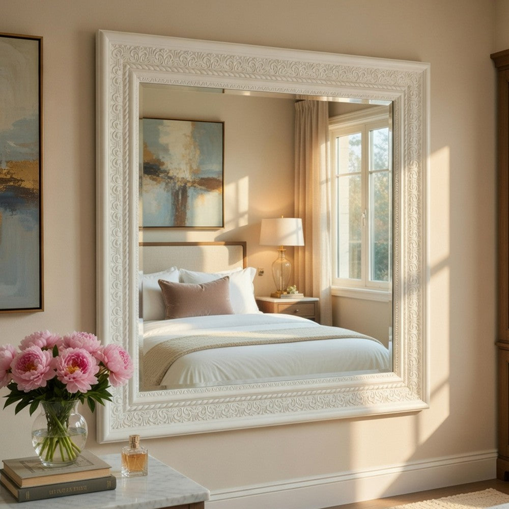 Rotu Dresser Mirror | Egg & Dart Molded Frame | Pearl White Wood | 40x46