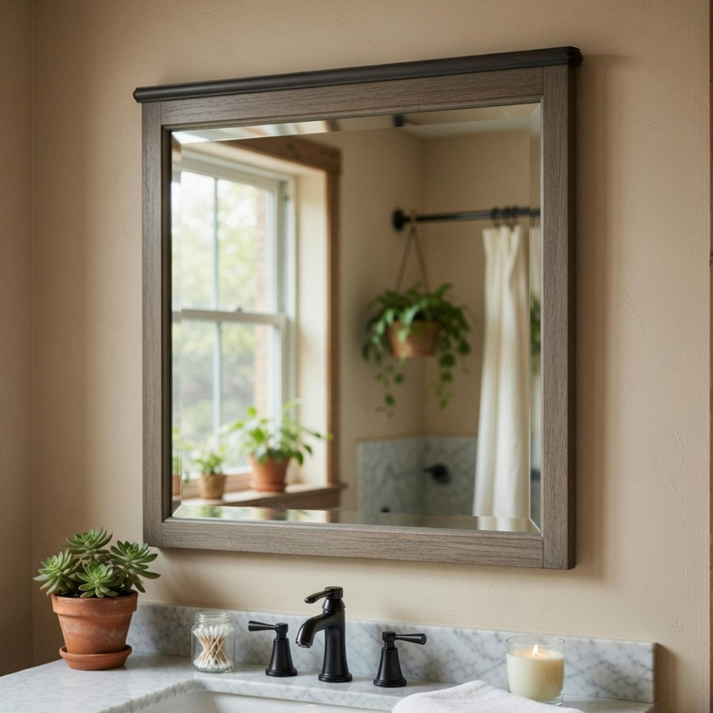Cadie Dresser Mirror | Planked Top Rail | Antique Gray & Coffee Brown 38x42