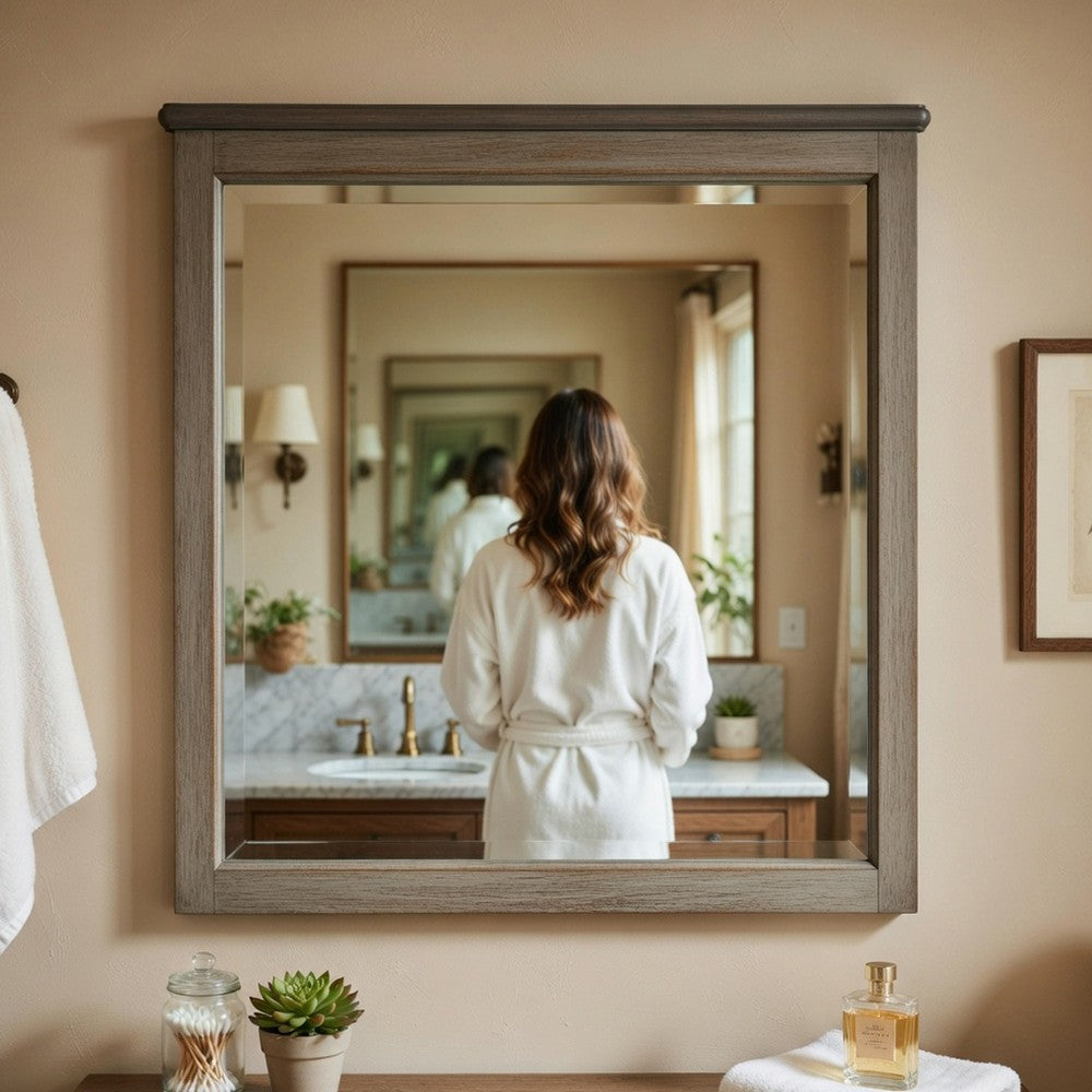 Cadie Dresser Mirror | Planked Top Rail | Antique Gray & Coffee Brown 38x42