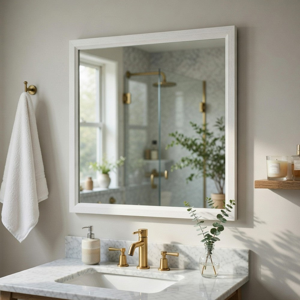 Ameya Dresser Mirror | Framed Design | Printed White Wood Grain | 36x39