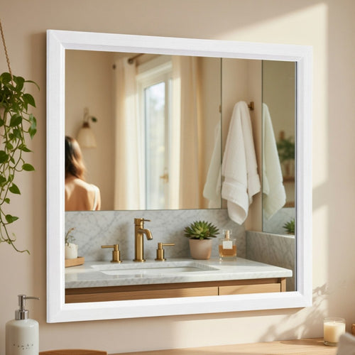 Ameya Dresser Mirror | Framed Design | Printed White Wood Grain | 36x39