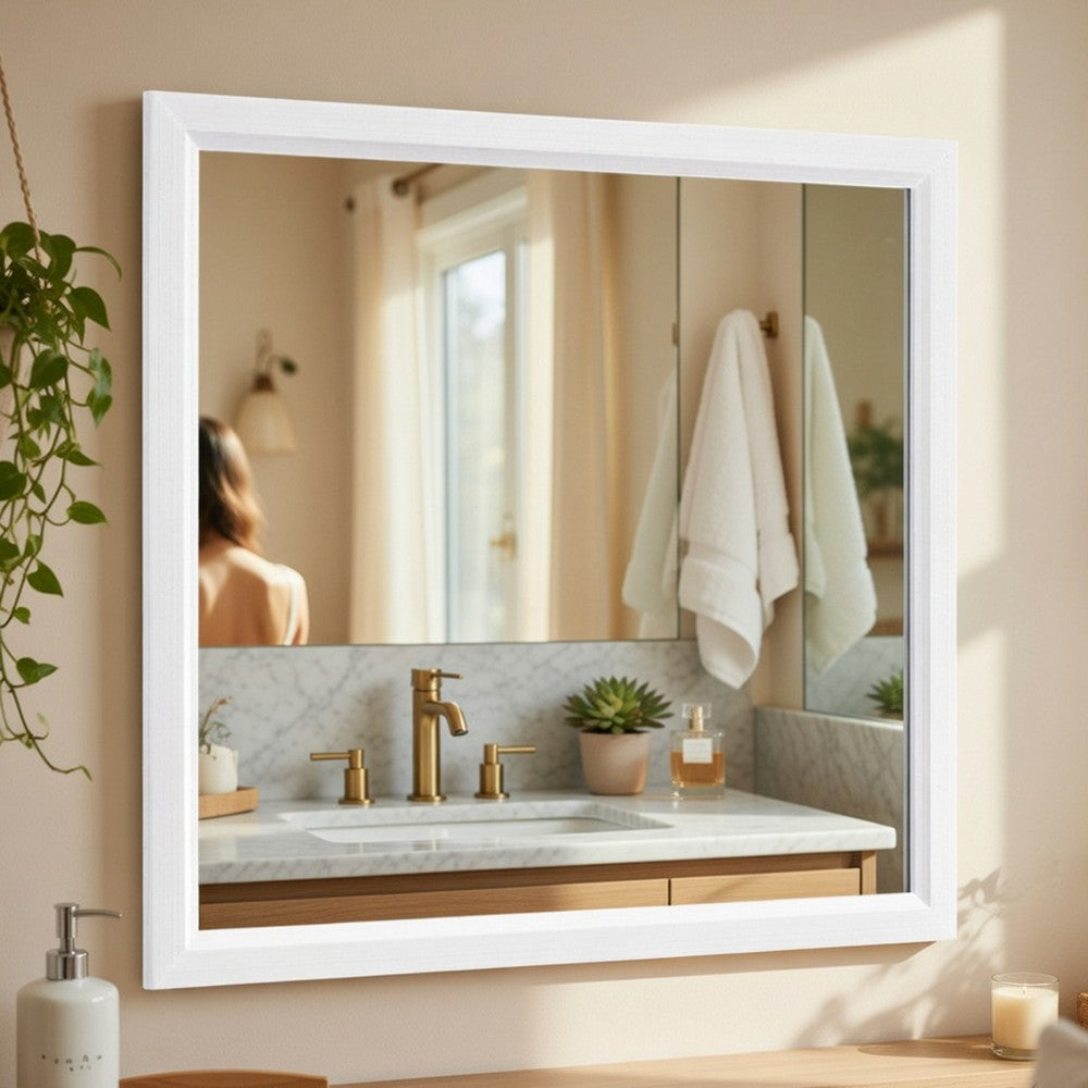 Ameya Dresser Mirror | Framed Design | Printed White Wood Grain | 36x39