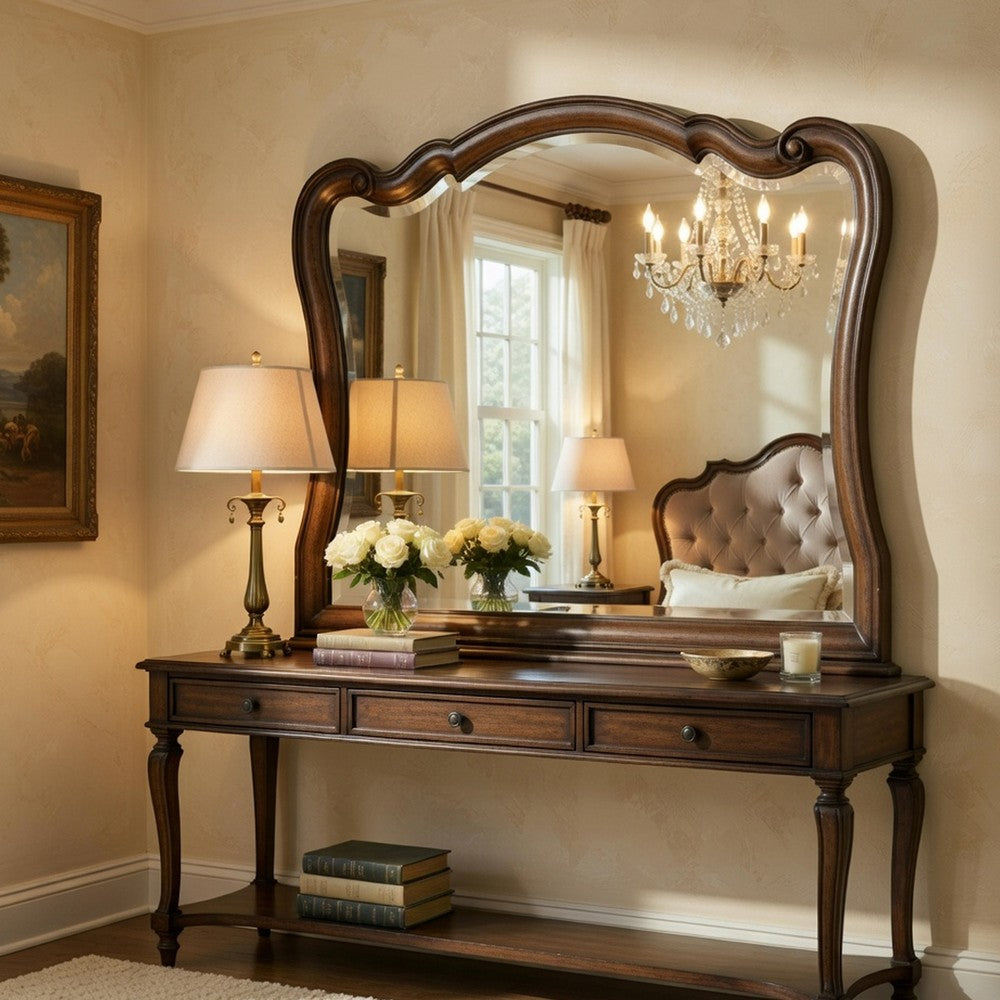 Deborah Dresser Mirror | Arched Frame w Routed Edges | Oak Brown 40x48