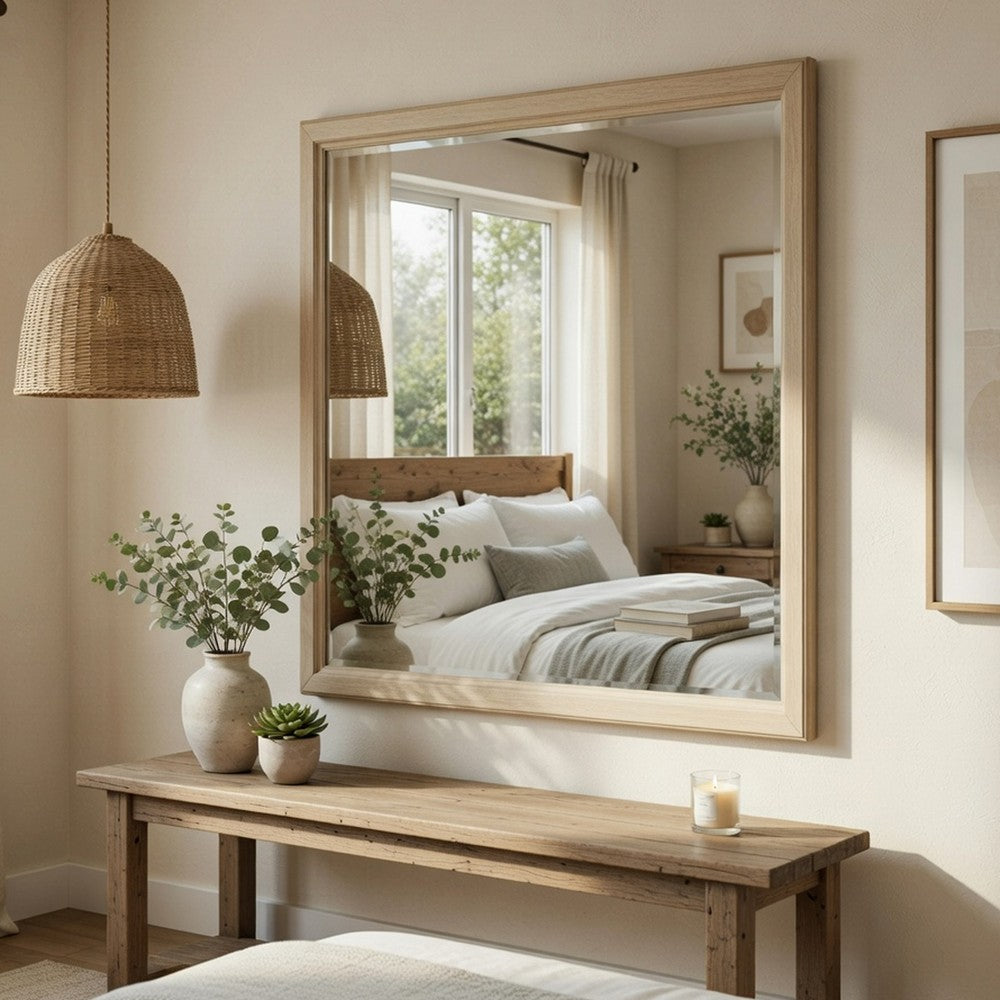 Hadly Dresser Mirror | Framed Design | Farmhouse Style | Beige Wood 38x51