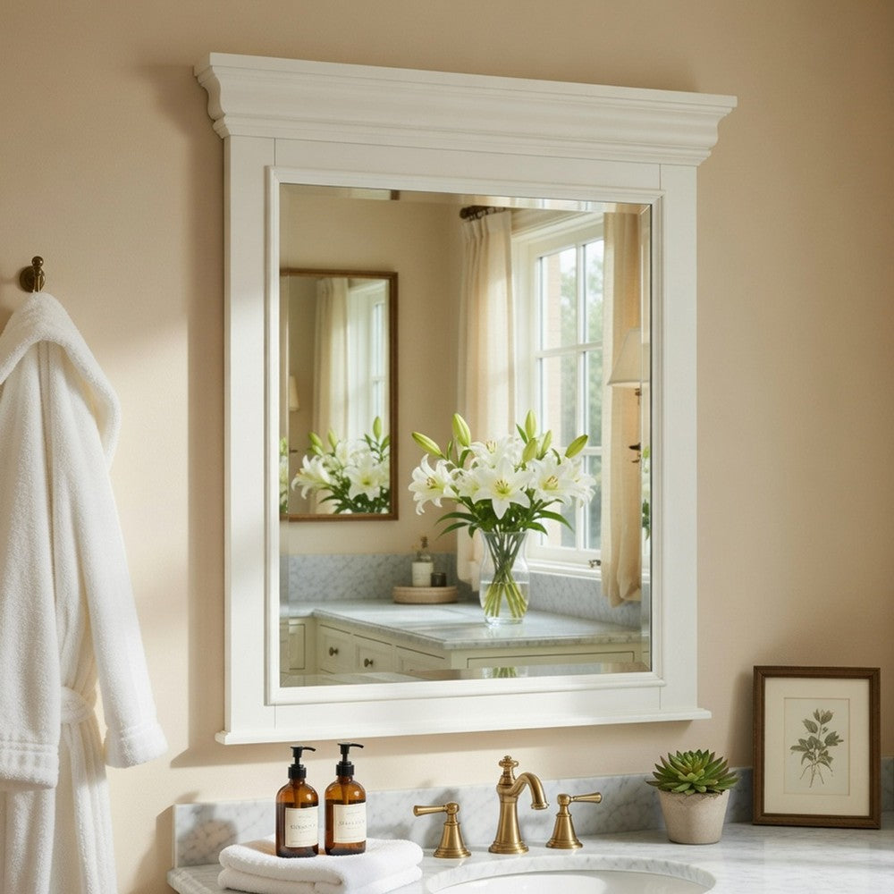 Jena Dresser Mirror | Crown Molded Frame | White Wood | 36x38 Rectangular