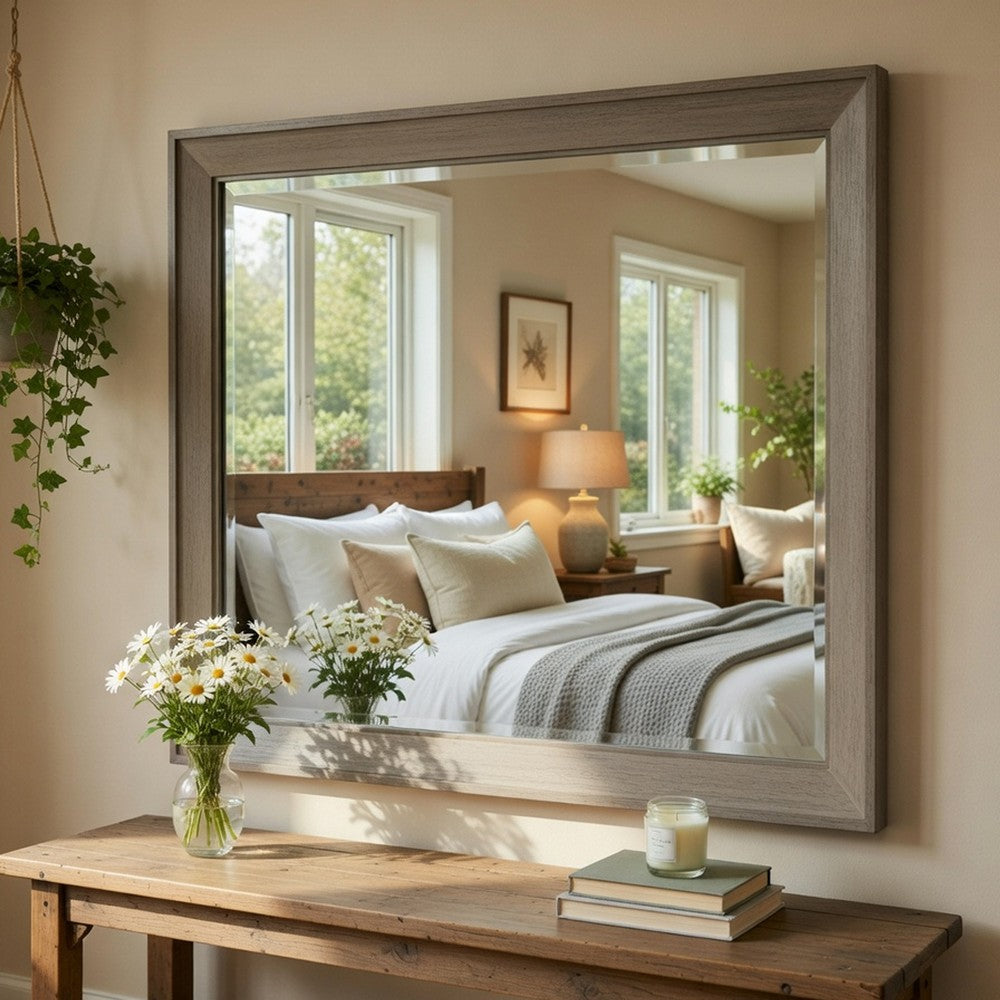 Rimy Dresser Mirror | Framed Antique Gray Wood | Transitional Style 38x47