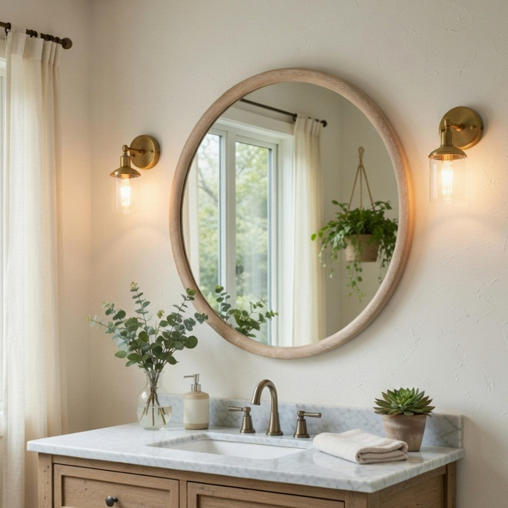 Maty Dresser Mirror | 38x38 Slim Round Design | Light Oak Brown Wood