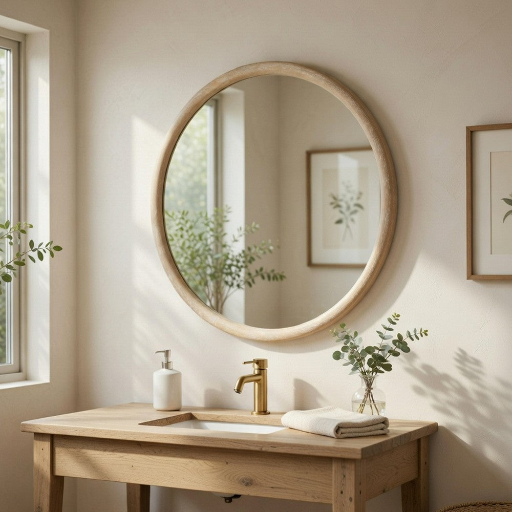 Maty Dresser Mirror | 38x38 Slim Round Design | Light Oak Brown Wood