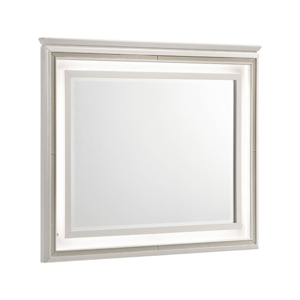 Dery Dresser Mirror with LED | White & Gold Wood Frame | 36x44 Rectangular