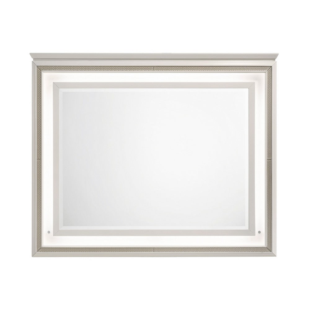 Dery Dresser Mirror with LED | White & Gold Wood Frame | 36x44 Rectangular