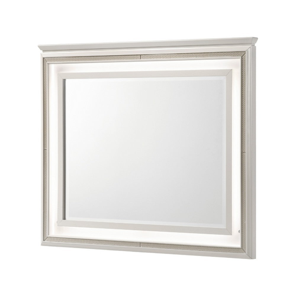 Dery Dresser Mirror with LED | White & Gold Wood Frame | 36x44 Rectangular