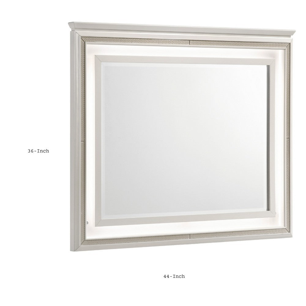 Dery Dresser Mirror with LED | White & Gold Wood Frame | 36x44 Rectangular