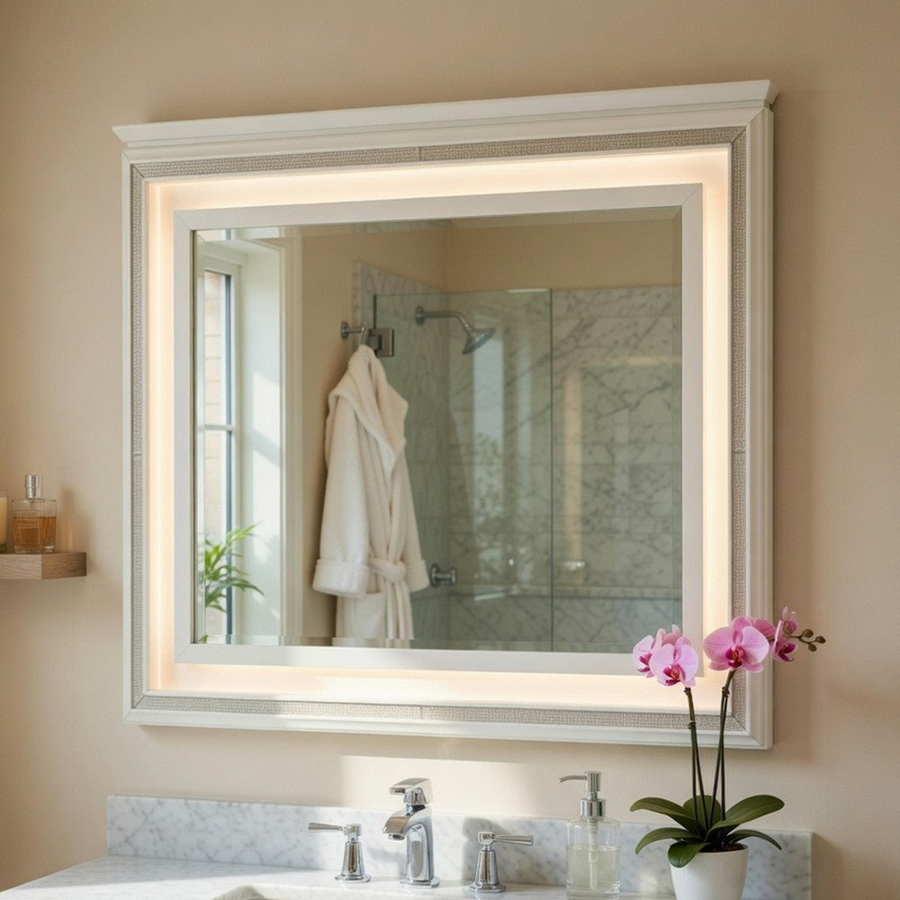 Dery Dresser Mirror with LED | White & Gold Wood Frame | 36x44 Rectangular