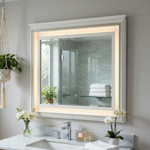 Dery Dresser Mirror with LED | White & Gold Wood Frame | 36x44 Rectangular