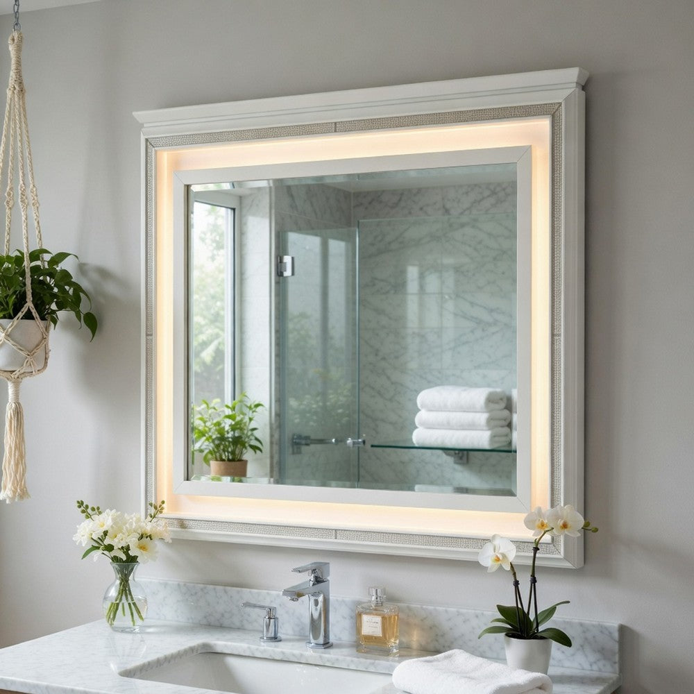 Dery Dresser Mirror with LED | White & Gold Wood Frame | 36x44 Rectangular