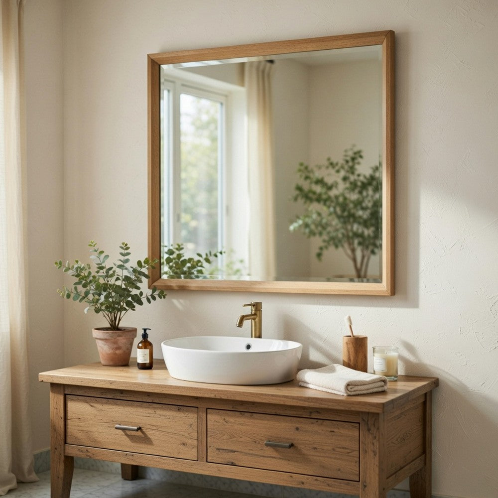 Kali Dresser Mirror | Midcentury 38x38 Square Natural Oak Brown Wood Frame