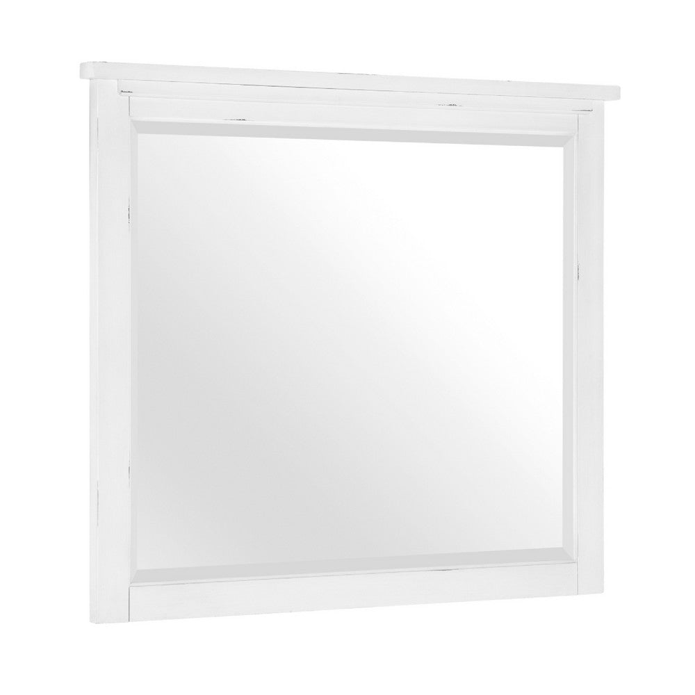 Gemi Dresser Mirror | Antique White Rub Through Finish Wood 34x39 Square