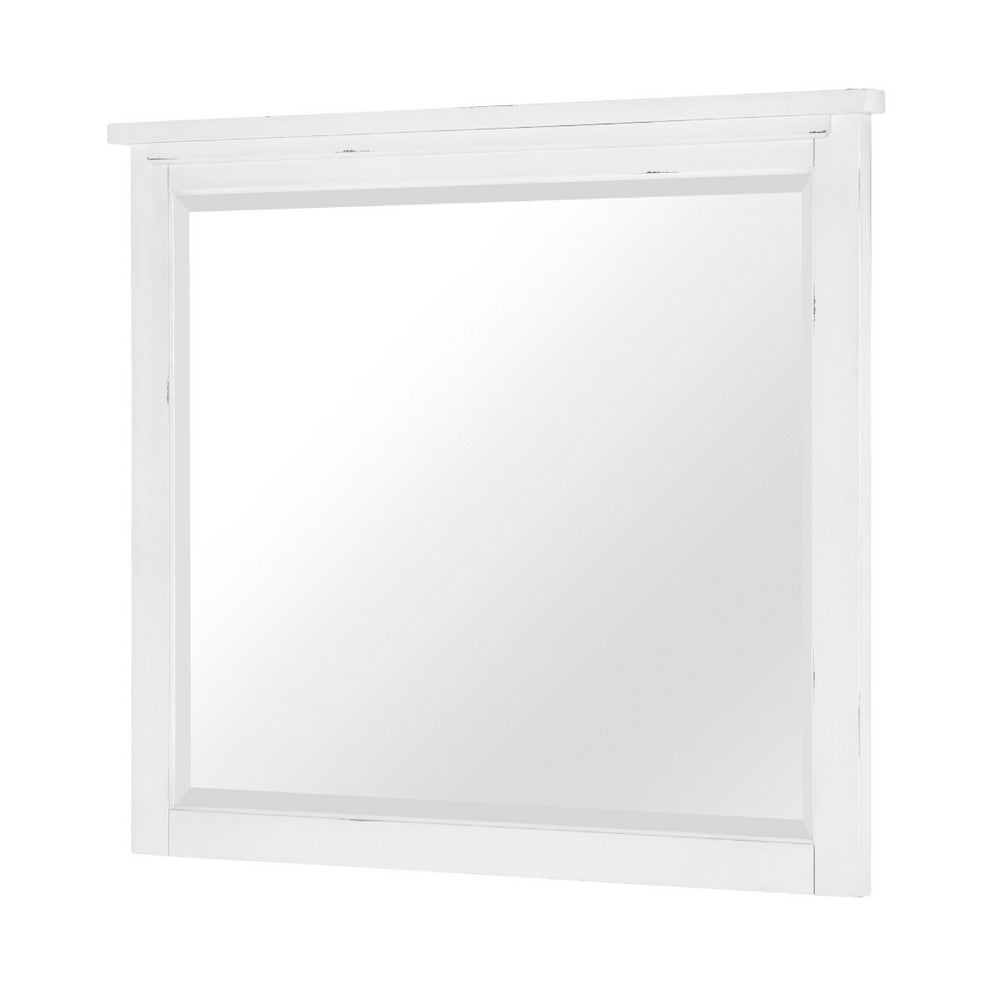 Gemi Dresser Mirror | Antique White Rub Through Finish Wood 34x39 Square