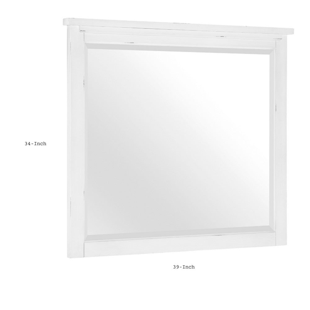 Gemi Dresser Mirror | Antique White Rub Through Finish Wood 34x39 Square