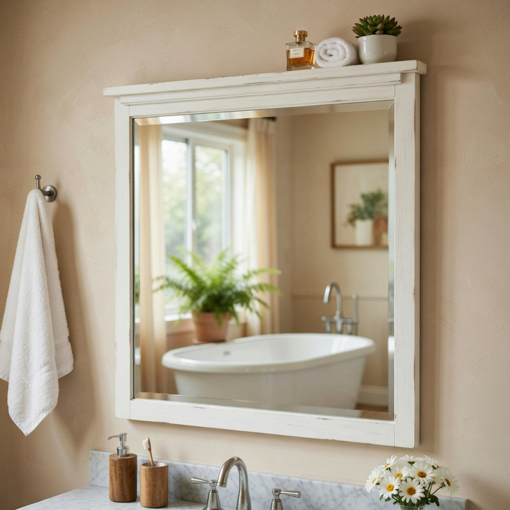 Gemi Dresser Mirror | Antique White Rub Through Finish Wood 34x39 Square