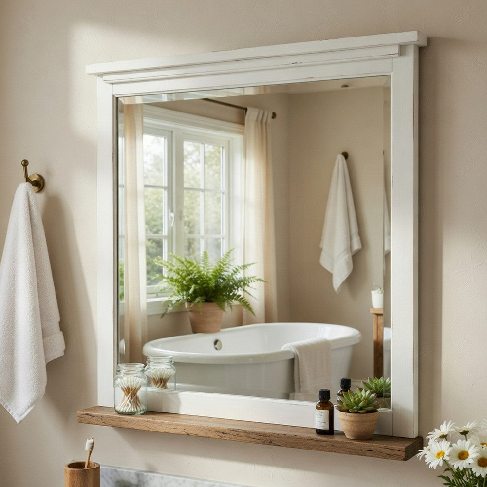 Gemi Dresser Mirror | Antique White Rub Through Finish Wood 34x39 Square